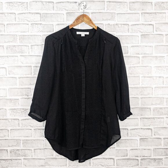LOYAL HANA Women's Vneck Pleated front Blouse in Black Poly Size Large - Picture 5 of 9
